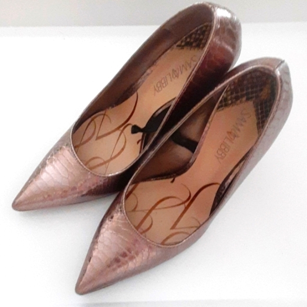 Sam & Libby Metallic Bronze Python Print Pointed … - image 1